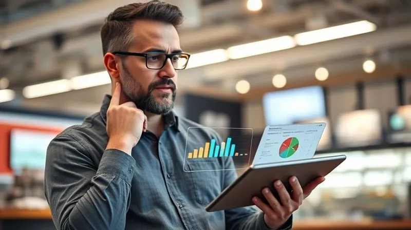 A photorealistic image of a franchise owner thoughtfully interacting with a sleek, futuristic tablet displaying real-time business analytics and a simplified dashboard, with subtle digital overlays indicating integrated technology. The background is a modern, efficient franchise environment. Cinematic lighting, 8K, depth of field, shot on a high-end DSLR.