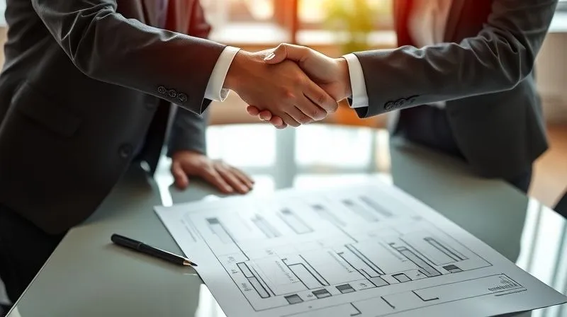 A photorealistic image of two diverse business professionals shaking hands over a table, with a blueprint or strategic plan subtly visible, symbolizing a strong partnership and collaboration. The background suggests a modern, professional office environment. Cinematic lighting, 8K, depth of field, shot on a high-end DSLR.