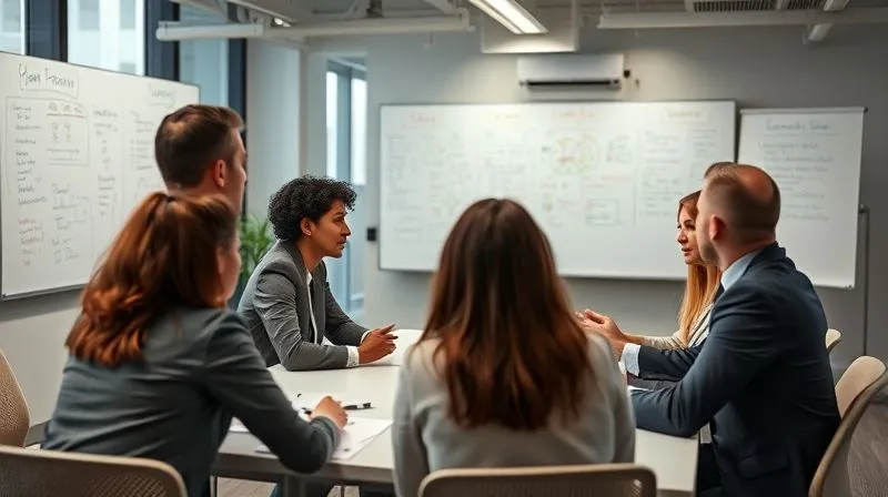 A photorealistic image of diverse business professionals in a modern conference room, actively participating in a brainstorming session, whiteboards filled with ideas, focused expressions, collaborative energy, cinematic lighting, sharp focus on the group, depth of field blurring the background, 8K hyper-detailed.