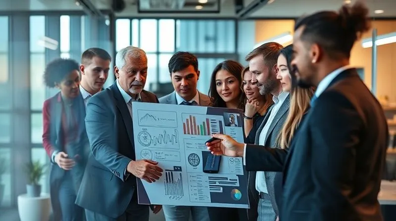 A photorealistic image of a diverse group of business professionals gathered around a large touchscreen display, collaboratively drawing and interacting with a digital strategic plan, expressions of engagement and focus, modern office environment, cinematic lighting, sharp focus on the screen and hands, depth of field blurring the background, 8K hyper-detailed.