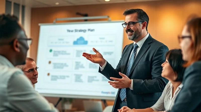 A photorealistic image of a confident business leader addressing a small, engaged team, gesturing towards a projection of a strategic plan, expressions of understanding and agreement on the team's faces, warm office lighting, sharp focus on the speaker, depth of field blurring the background, 8K hyper-detailed.