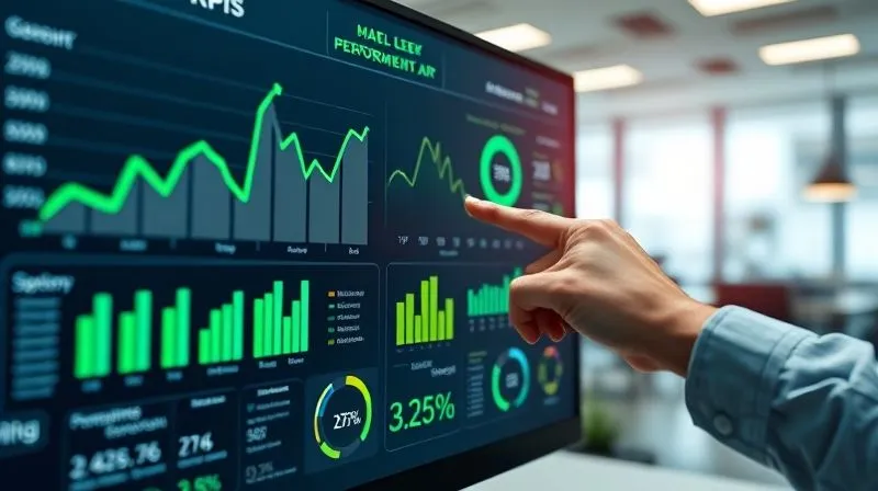 A photorealistic image of a modern dashboard displaying key performance indicators (KPIs) with upward-trending graphs, green progress bars, and positive metrics, a hand pointing to a successful data point, crisp and clear display, cinematic lighting, sharp focus on the screen, depth of field blurring a professional office in the background, 8K hyper-detailed.