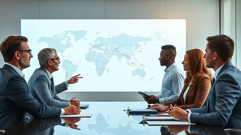 photorealistic, professional photography, 8K, cinematic lighting, sharp focus, depth of field, shot on a high-end DSLR, a diverse group of business professionals in a modern, sunlit boardroom, intensely discussing a complex digital projection of a global supply chain map. One person points to a specific region on the map, while others listen intently, taking notes. The atmosphere is collaborative and strategic, reflecting a high-stakes planning session.