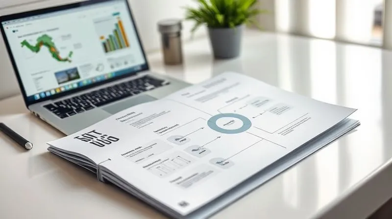 photorealistic, professional photography, 8K, cinematic lighting, sharp focus, depth of field, shot on a high-end DSLR, an open, beautifully designed sustainability report with infographics and compelling photography. One page features a clear, accessible diagram of a multi-tier supply chain, showing interconnected nodes and indicating transparency points. The report is laid out on a clean, modern desk with a laptop displaying related data, conveying professionalism and clarity.