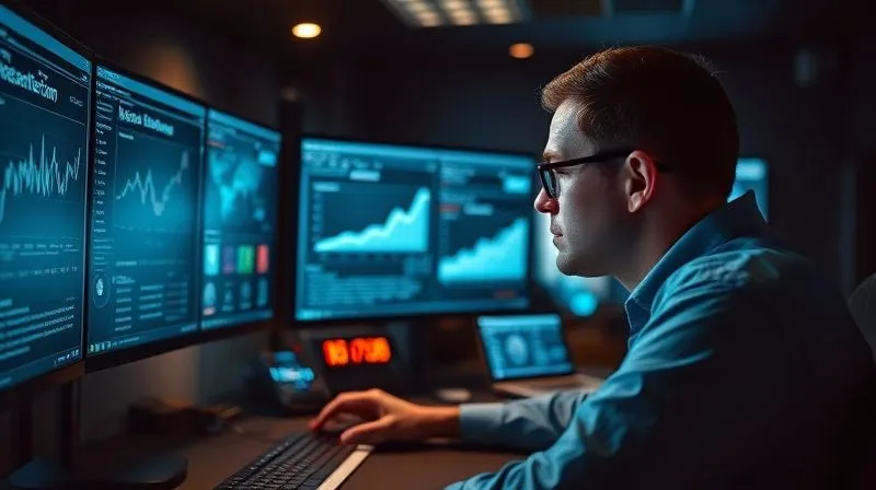 A photorealistic image of a data analyst intently examining complex LinkedIn Ads dashboards on multiple monitors in a dark, high-tech control room, reflecting data-driven optimization. Cinematic lighting, sharp focus on the screens and the analyst's face, depth of field, 8K hyper-detailed, shot on a high-end DSLR.