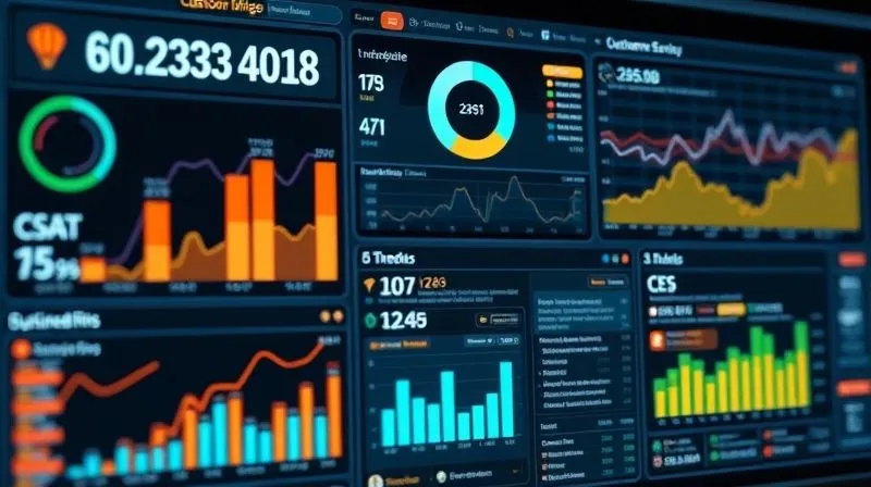 A photorealistic 3D rendering of a complex data dashboard displaying various customer service metrics (CSAT, NPS, CES trends), with interactive elements and glowing data points, set in a modern, professional interface, cinematic lighting, sharp focus, 8K hyper-detailed. A photorealistic 3D rendering of a complex data dashboard displaying various customer service metrics (CSAT, NPS, CES trends), with interactive elements and glowing data points, set in a modern, professional interface, cinematic lighting, sharp focus, 8K hyper-detailed.