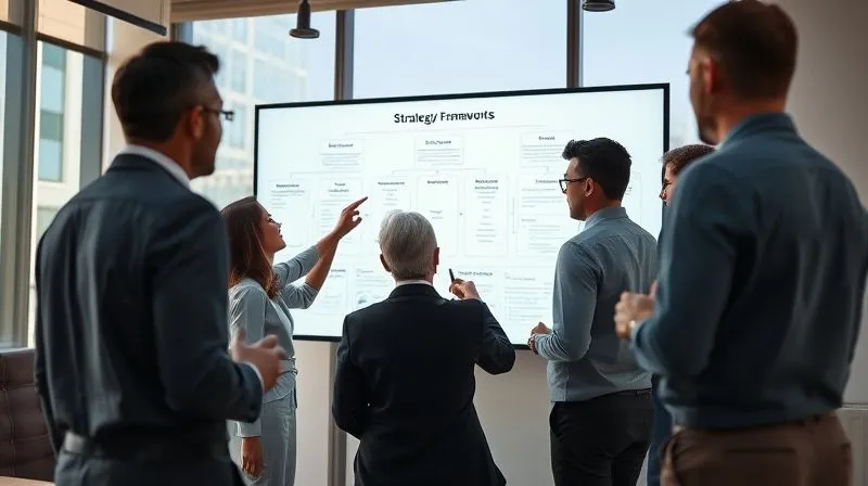 A photorealistic image of a diverse group of professionals in a modern, sunlit conference room, actively collaborating around a large touchscreen display showing strategic frameworks. They are pointing, discussing, and writing on whiteboards. Professional photography, 8K, cinematic lighting, sharp focus on the group interaction, depth of field blurring the background, shot on a high-end DSLR. A photorealistic image of a diverse group of professionals in a modern, sunlit conference room, actively collaborating around a large touchscreen display showing strategic frameworks. They are pointing, discussing, and writing on whiteboards. Professional photography, 8K, cinematic lighting, sharp focus on the group interaction, depth of field blurring the background, shot on a high-end DSLR.