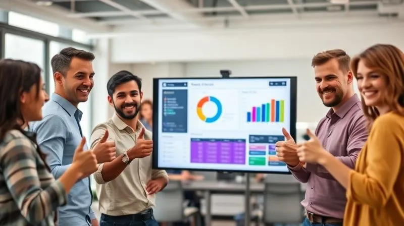 A photorealistic image of a diverse project team in a modern open-plan office, gathered around a large monitor displaying a colorful, easy-to-understand progress dashboard. They are smiling, engaged in discussion, and giving thumbs up, symbolizing successful communication and positive feedback. Professional photography, 8K, cinematic lighting, sharp focus on the team and screen, depth of field blurring the background, shot on a high-end DSLR. A photorealistic image of a diverse project team in a modern open-plan office, gathered around a large monitor displaying a colorful, easy-to-understand progress dashboard. They are smiling, engaged in discussion, and giving thumbs up, symbolizing successful communication and positive feedback. Professional photography, 8K, cinematic lighting, sharp focus on the team and screen, depth of field blurring the background, shot on a high-end DSLR.