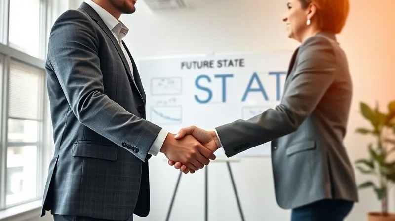 A photorealistic image of a consultant and a client shaking hands in a bright, modern office, symbolizing a successful transition and continued partnership. In the background, a whiteboard shows a 'Future State' plan with positive metrics. Professional photography, 8K, cinematic lighting, sharp focus on the handshake, depth of field blurring the background, shot on a high-end DSLR. A photorealistic image of a consultant and a client shaking hands in a bright, modern office, symbolizing a successful transition and continued partnership. In the background, a whiteboard shows a 'Future State' plan with positive metrics. Professional photography, 8K, cinematic lighting, sharp focus on the handshake, depth of field blurring the background, shot on a high-end DSLR.
