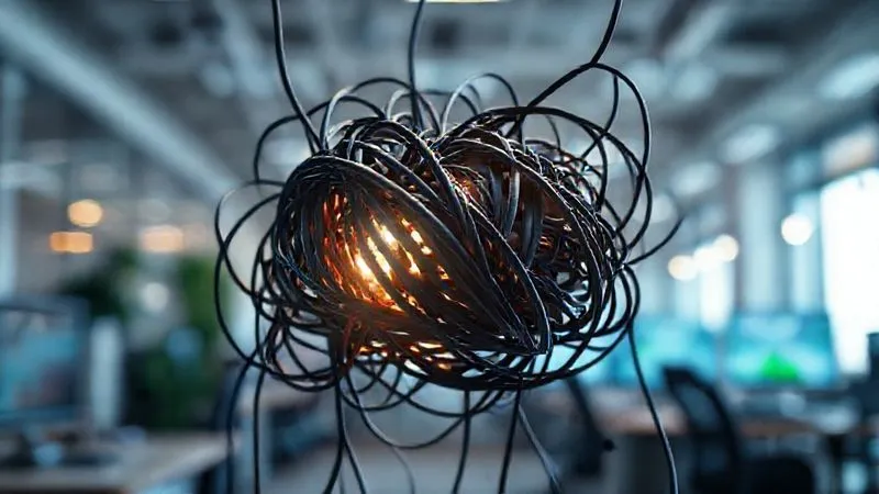 A photorealistic image of a complex knot of tangled communication wires, with a single, clear, illuminated pathway struggling to emerge from the chaos. The background is a blurred office environment, cinematic lighting, sharp focus on the knot, depth of field, 8K hyper-detailed. A photorealistic image of a complex knot of tangled communication wires, with a single, clear, illuminated pathway struggling to emerge from the chaos. The background is a blurred office environment, cinematic lighting, sharp focus on the knot, depth of field, 8K hyper-detailed.
