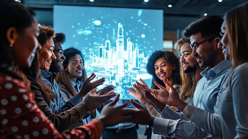A photorealistic, professional photography, 8K, cinematic lighting, sharp focus, depth of field, shot on a high-end DSLR, of a diverse team collaborating intensely around a holographic projection of a futuristic city or product, their faces lit with inspiration and focus, hands gesturing towards the vision. The environment is modern and innovative, reflecting clarity and shared purpose.