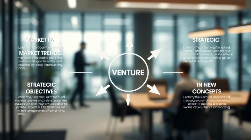 photorealistic, professional photography, 8K, cinematic lighting, sharp focus, depth of field, shot on a high-end DSLR, a detailed infographic showing intersecting market trends, strategic corporate objectives, and a new venture concept, with arrows clearly linking them, set against a backdrop of a blurred, modern office environment. A sense of clarity and strategic vision.