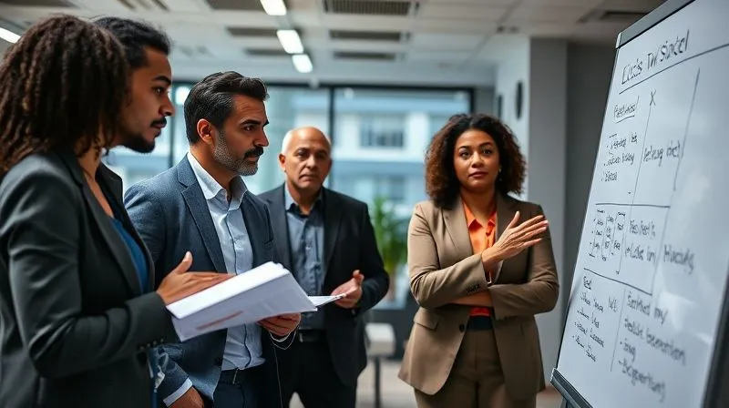 photorealistic, professional photography, 8K, cinematic lighting, sharp focus, depth of field, shot on a high-end DSLR, a diverse group of professionals in a modern office, one person actively listening and taking notes while another explains a complex idea on a whiteboard, a sense of mentorship and collaboration, subtle hand gestures indicating agreement and understanding.