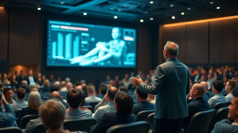 photorealistic, professional photography, 8K, cinematic lighting, sharp focus, depth of field, shot on a high-end DSLR, a dynamic and engaging presentation in a modern auditorium, a speaker passionately conveying a future vision to an attentive audience, holographic projections of data and concepts subtly appearing, a sense of inspiration and possibility.