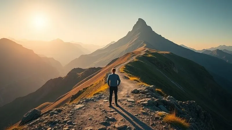 photorealistic, professional photography, 8K, cinematic lighting, sharp focus, depth of field, shot on a high-end DSLR, a person standing confidently at the base of a long, winding mountain path, looking up towards a distant, sunlit peak, symbolizing a long-term journey and perseverance, a sense of determination and clear vision.