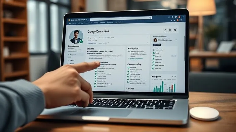 A photorealistic, professional photography, 8K image showing a detailed Google Business Profile interface on a laptop screen, with all sections meticulously filled out and green checkmarks indicating completion. A hand is pointing at the 'Categories' section, cinematic lighting, sharp focus on the screen, depth of field blurring office background, shot on a high-end DSLR.