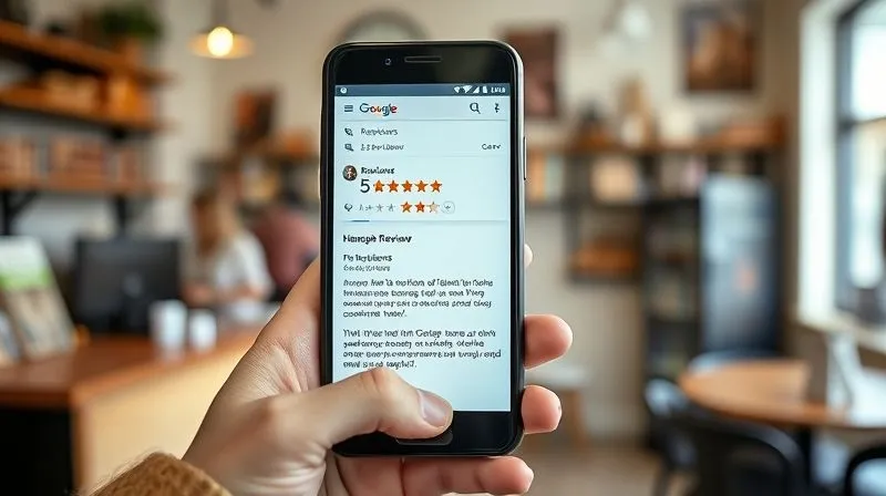 A photorealistic, professional photography, 8K image of a smartphone displaying a 5-star Google review for a small business, with a thoughtful, positive comment. A customer's hands are holding the phone, and in the background, a bustling, friendly small business interior (e.g., a cafe or bookstore) is softly blurred. Cinematic lighting, sharp focus on the review, depth of field, shot on a high-end DSLR.