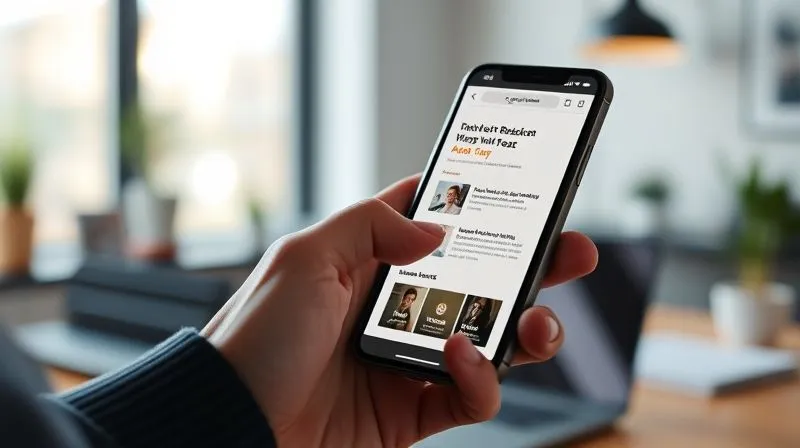 A photorealistic, professional photography, 8K image of a person's hand holding a smartphone, effortlessly scrolling through a beautifully designed, fast-loading small business website. The website content is clear and easy to read. In the background, a blur of natural light and a modern, clean workspace. Cinematic lighting, sharp focus on the phone screen, depth of field, shot on a high-end DSLR.