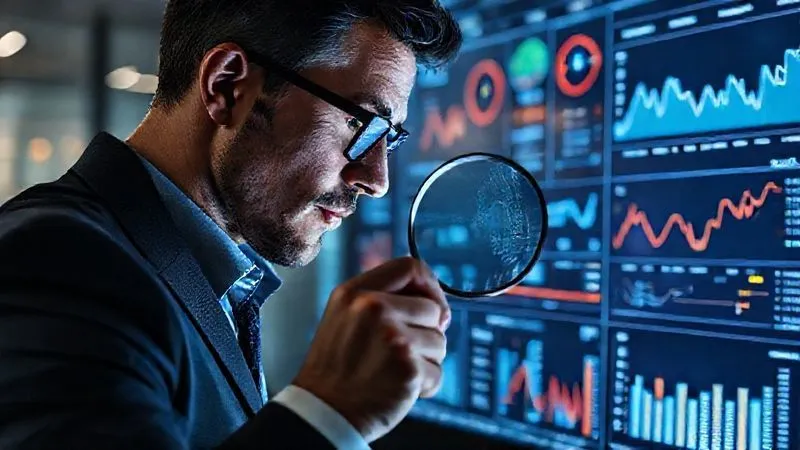 A photorealistic image of a business professional, looking intently at a complex digital dashboard filled with various charts and data points, holding a magnifying glass over a specific anomaly. The scene is well-lit, professional, and depicts deep analytical work. Professional photography, 8K, cinematic lighting, sharp focus, depth of field, shot on a high-end DSLR. A photorealistic image of a business professional, looking intently at a complex digital dashboard filled with various charts and data points, holding a magnifying glass over a specific anomaly. The scene is well-lit, professional, and depicts deep analytical work. Professional photography, 8K, cinematic lighting, sharp focus, depth of field, shot on a high-end DSLR.