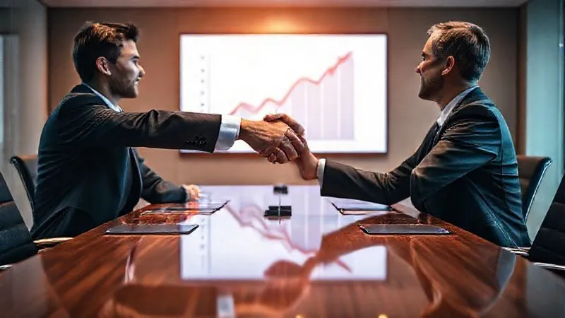 A photorealistic image of two business professionals (one representing the company, one the key client) shaking hands across a polished conference table, with warm, inviting lighting. A subtle, upward-trending graph is visible on a screen in the background, symbolizing restored growth and partnership. Professional photography, 8K, cinematic lighting, sharp focus, depth of field, shot on a high-end DSLR. A photorealistic image of two business professionals (one representing the company, one the key client) shaking hands across a polished conference table, with warm, inviting lighting. A subtle, upward-trending graph is visible on a screen in the background, symbolizing restored growth and partnership. Professional photography, 8K, cinematic lighting, sharp focus, depth of field, shot on a high-end DSLR.