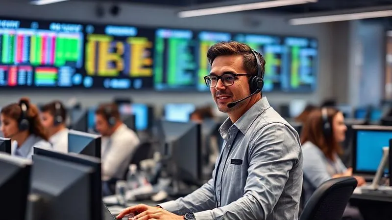 A photorealistic image of a customer service manager calmly directing a team in a bustling but organized call center, digital dashboards displaying color-coded complaint priorities, cinematic lighting highlighting focus and control, sharp focus on the manager, depth of field blurring the background, 8K hyper-detailed, professional photography.