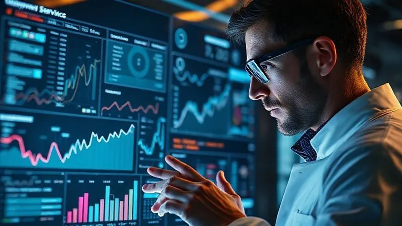A photorealistic image of a data scientist looking at a holographic dashboard displaying complex customer service metrics, trend lines, and predictive analytics, cinematic lighting creating a futuristic feel, sharp focus on the data, depth of field blurring the background, 8K hyper-detailed, professional photography.