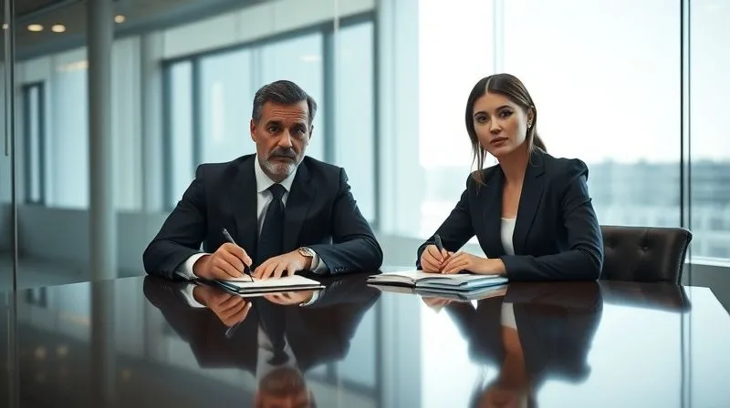 A photorealistic image showing a discreet, professional meeting in a modern office conference room. Two individuals (one male, one female, both dressed in business attire) are seated across a polished table, one taking detailed notes while the other speaks calmly. The atmosphere is serious but composed, with soft, natural light filtering through a large window. Sharp focus on the individuals, depth of field blurring the background, professional photography, 8K hyper-detailed, cinematic lighting.