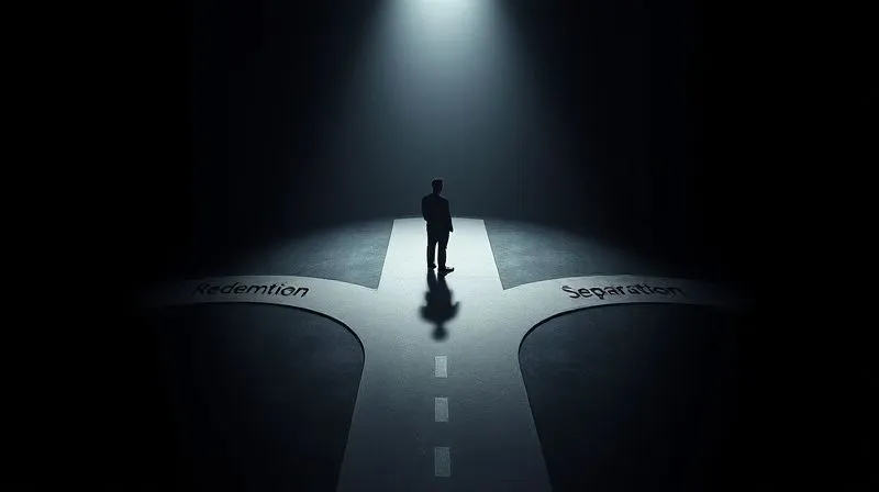 A photorealistic image of a single, illuminated spotlight shining down on a crossroads where three distinct paths diverge on a dark, polished floor. The paths are labeled metaphorically: 'Redemption,' 'Re-evaluation,' and 'Separation.' A lone, blurred figure stands at the crossroads, contemplating the choices. The scene is symbolic of a critical decision point in disciplinary action. Cinematic lighting, sharp focus on the paths, depth of field blurring the figure, professional photography, 8K hyper-detailed.