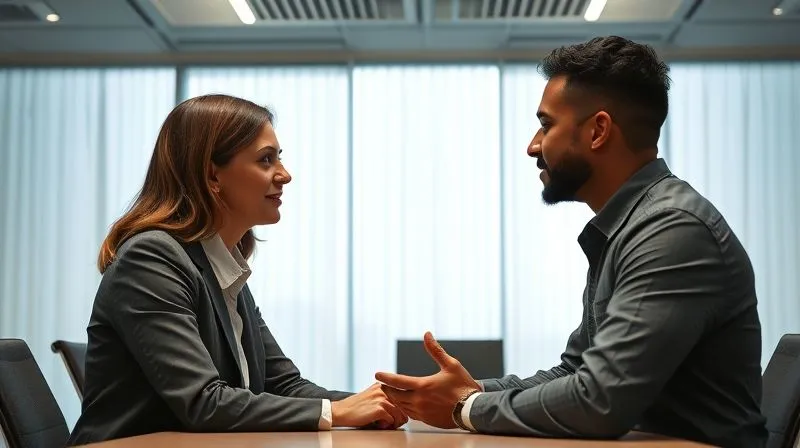 photorealistic, professional photography, 8K, cinematic lighting, sharp focus, depth of field, shot on a high-end DSLR, a diverse HR manager and an employee engaged in a respectful, private dialogue in a modern, well-lit conference room, both with open body language, conveying empathy and active listening.