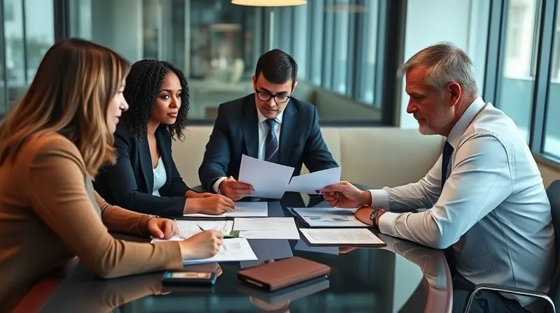 photorealistic, professional photography, 8K, cinematic lighting, sharp focus, depth of field, shot on a high-end DSLR, a diverse group of professionals (HR, legal counsel, senior manager) in a serious, strategic discussion around a conference table, reviewing documents, conveying collaboration and critical decision-making under pressure.