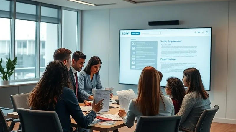 photorealistic, professional photography, 8K, cinematic lighting, sharp focus, depth of field, shot on a high-end DSLR, a diverse team of employees and HR professionals collaboratively reviewing policy documents on a large screen in a modern, brightly lit meeting room, conveying engagement and shared ownership.