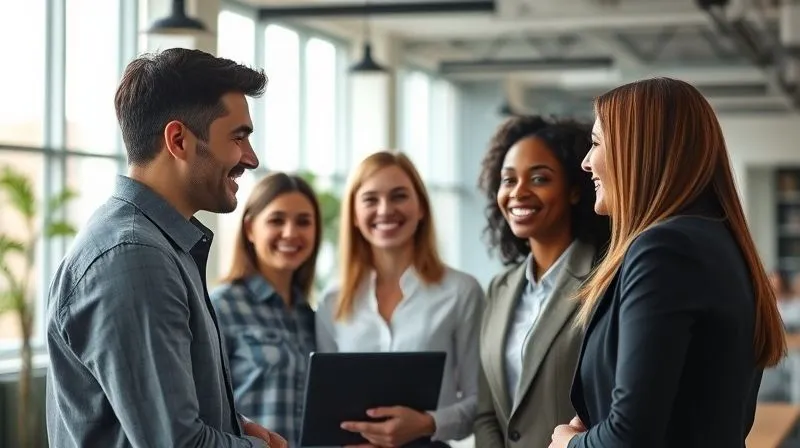 photorealistic, professional photography, 8K, cinematic lighting, sharp focus, depth of field, shot on a high-end DSLR, a diverse group of employees and HR professionals smiling and collaborating positively in a modern, open-plan office, conveying trust, clear communication, and a harmonious work environment, with soft, natural light filtering in.