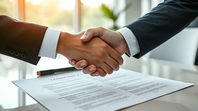 A photorealistic image of two professional hands, one belonging to a consultant and the other to a client, firmly shaking over a meticulously detailed project contract with highlighted clauses, symbolizing agreement and clarity. The background is a modern, sunlit office. Photorealistic, professional photography, 8K, cinematic lighting, sharp focus on the handshake and contract, depth of field blurring the background, shot on a high-end DSLR, emotionally resonant with trust and professionalism. A photorealistic image of two professional hands, one belonging to a consultant and the other to a client, firmly shaking over a meticulously detailed project contract with highlighted clauses, symbolizing agreement and clarity. The background is a modern, sunlit office. Photorealistic, professional photography, 8K, cinematic lighting, sharp focus on the handshake and contract, depth of field blurring the background, shot on a high-end DSLR, emotionally resonant with trust and professionalism.
