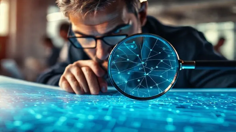 Photorealistic, professional photography, 8K, cinematic lighting, sharp focus, depth of field, shot on a high-end DSLR. A project manager, intense and focused, meticulously examining a complex, glowing digital blueprint overlayed with multiple interconnected lines and nodes, symbolizing various project components. A magnifying glass hovers over a specific area, highlighting intricate details, while the background shows blurred team members collaborating. The scene conveys detailed analysis and problem-solving. Photorealistic, professional photography, 8K, cinematic lighting, sharp focus, depth of field, shot on a high-end DSLR. A project manager, intense and focused, meticulously examining a complex, glowing digital blueprint overlayed with multiple interconnected lines and nodes, symbolizing various project components. A magnifying glass hovers over a specific area, highlighting intricate details, while the background shows blurred team members collaborating. The scene conveys detailed analysis and problem-solving.