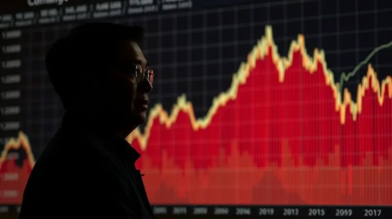 A turbulent financial graph with a large downward spike, representing sudden devaluation, superimposed over a silhouette of an exporter looking concerned, photorealistic, professional photography, 8K, cinematic lighting, sharp focus, depth of field, shot on a high-end DSLR