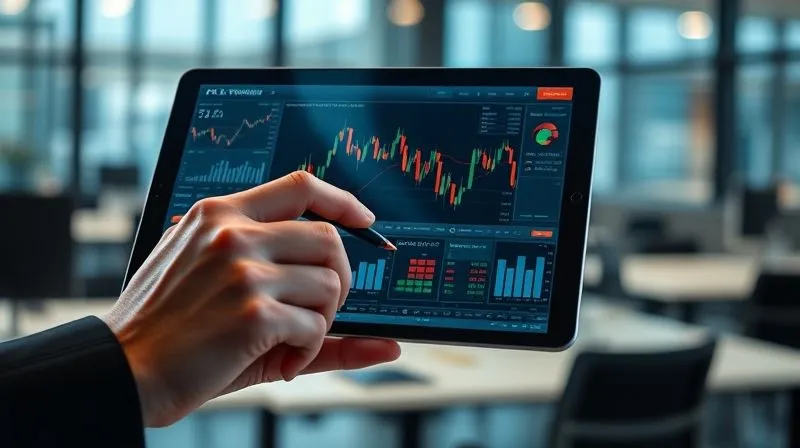 A professional hand using a stylus on a transparent tablet screen, displaying a complex financial dashboard with multiple graphs and data points, representing advanced FX risk management, against a blurred background of a modern office, photorealistic, professional photography, 8K, cinematic lighting, sharp focus, depth of field, shot on a high-end DSLR