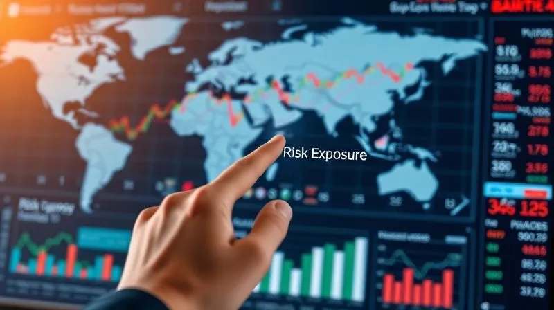 photorealistic, professional photography, 8K, cinematic lighting, sharp focus, depth of field, shot on a high-end DSLR. A detailed financial dashboard displaying multi-currency exchange rate trends and predictive analytics charts, with a blurred background of a global map. The foreground shows a hand pointing to a "risk exposure" metric, conveying careful analysis and strategic planning.