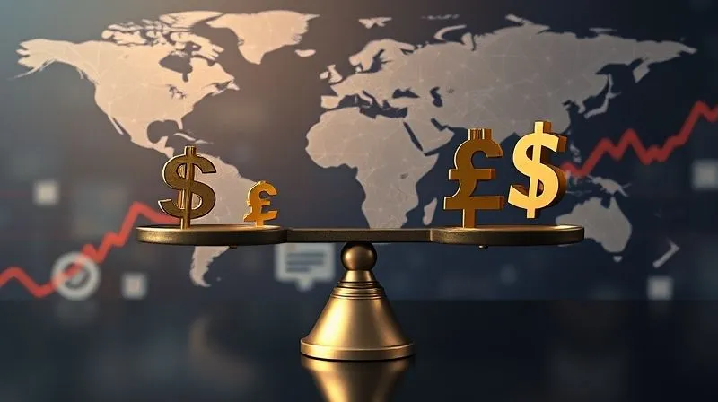photorealistic, professional photography, 8K, cinematic lighting, sharp focus, depth of field, shot on a high-end DSLR. A balanced scale with different currency symbols on each side, perfectly level, symbolizing natural hedging and revenue/expense matching. The background shows a global network of financial transactions and subtle upward trends, conveying stability and strategic balance.