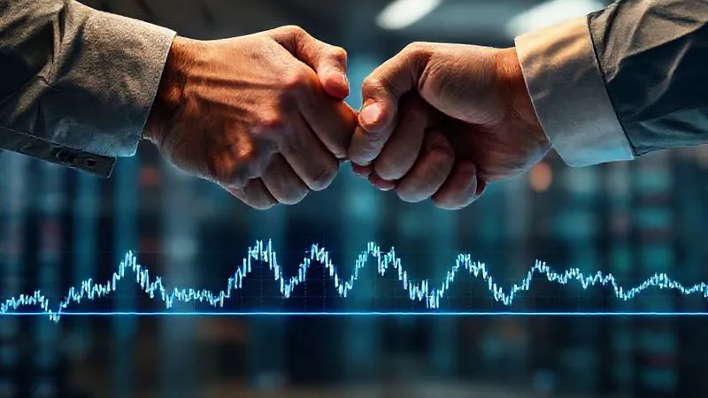 A photorealistic image of two hands shaking firmly over a stylized digital graph showing a flat, locked-in exchange rate line amidst volatile market fluctuations. The background is a blurred, modern financial trading floor. Cinematic lighting, sharp focus on the hands and graph, depth of field blurring the background, 8K hyper-detailed, professional photography, shot on a high-end DSLR.