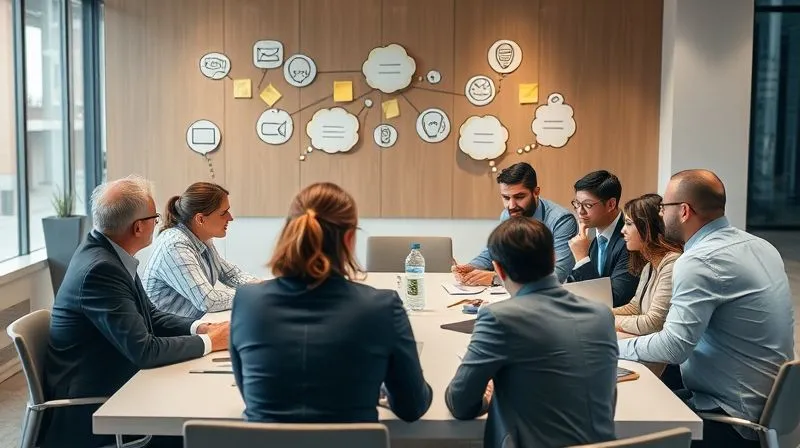 photorealistic, professional photography, 8K, cinematic lighting, sharp focus, depth of field, shot on a high-end DSLR, a diverse group of business professionals engaged in an intense, collaborative discussion around a large table, with thought bubbles and sticky notes representing ideas and feedback, symbolizing a dynamic client advisory board or feedback session. The atmosphere is one of active listening and mutual respect. photorealistic, professional photography, 8K, cinematic lighting, sharp focus, depth of field, shot on a high-end DSLR, a diverse group of business professionals engaged in an intense, collaborative discussion around a large table, with thought bubbles and sticky notes representing ideas and feedback, symbolizing a dynamic client advisory board or feedback session. The atmosphere is one of active listening and mutual respect.