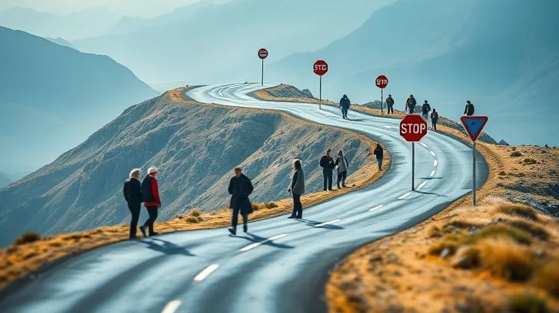 A photorealistic image of a complex customer lifecycle journey visualized as a winding road with various checkpoints, some checkpoints are clearly marked with 'STOP' signs or 'DETOUR' arrows, symbolizing pain points. A diverse group of customers, represented by blurred figures, are navigating this path. The scene is captured with professional photography, 8K, cinematic lighting, sharp focus on the problematic checkpoints, depth of field blurring the background, shot on a high-end DSLR. A photorealistic image of a complex customer lifecycle journey visualized as a winding road with various checkpoints, some checkpoints are clearly marked with 'STOP' signs or 'DETOUR' arrows, symbolizing pain points. A diverse group of customers, represented by blurred figures, are navigating this path. The scene is captured with professional photography, 8K, cinematic lighting, sharp focus on the problematic checkpoints, depth of field blurring the background, shot on a high-end DSLR.