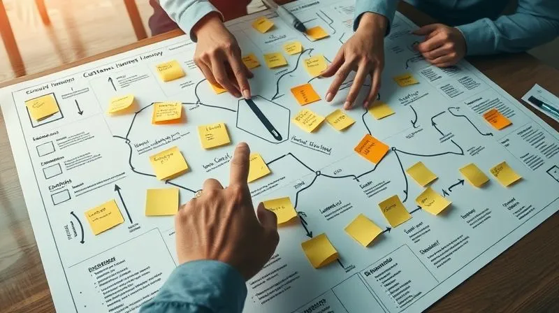 A photorealistic diagram of a customer journey map laid out on a large table, with sticky notes, arrows, and highlighted sections indicating pain points. Hands are actively pointing at specific areas of friction on the map. The scene is shot with professional photography, 8K, cinematic lighting, sharp focus on the map and hands, depth of field blurring the background, shot on a high-end DSLR. A photorealistic diagram of a customer journey map laid out on a large table, with sticky notes, arrows, and highlighted sections indicating pain points. Hands are actively pointing at specific areas of friction on the map. The scene is shot with professional photography, 8K, cinematic lighting, sharp focus on the map and hands, depth of field blurring the background, shot on a high-end DSLR.