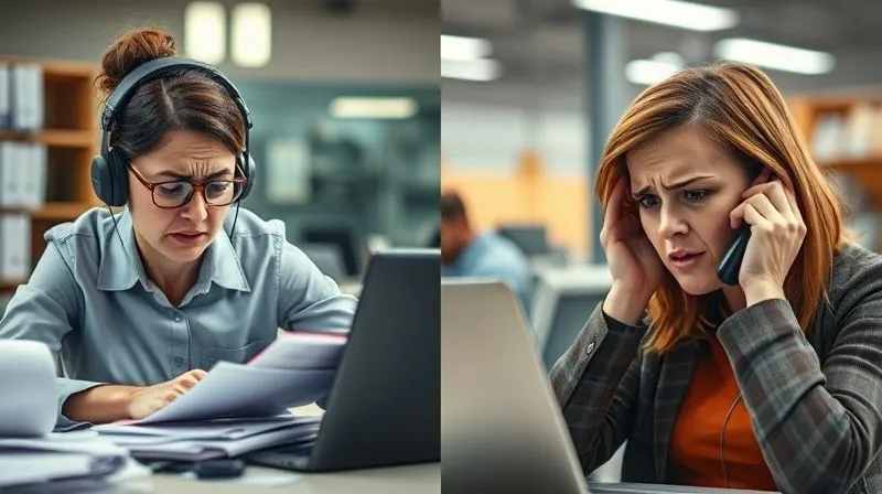 A photorealistic image depicting two distinct scenes separated by a subtle vertical line. On one side, a stressed customer service representative looks overwhelmed, surrounded by chaotic paperwork. On the other side, a frustrated customer on the phone looks exasperated. The image uses professional photography, 8K, cinematic lighting, sharp focus on both figures, depth of field blurring the background, shot on a high-end DSLR, illustrating the direct link between employee and customer experience. A photorealistic image depicting two distinct scenes separated by a subtle vertical line. On one side, a stressed customer service representative looks overwhelmed, surrounded by chaotic paperwork. On the other side, a frustrated customer on the phone looks exasperated. The image uses professional photography, 8K, cinematic lighting, sharp focus on both figures, depth of field blurring the background, shot on a high-end DSLR, illustrating the direct link between employee and customer experience.
