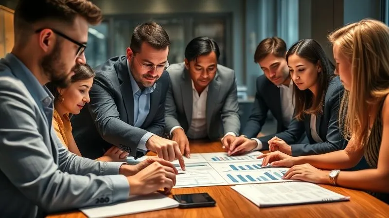 A photorealistic image of a diverse team of legal and business professionals collaborating around a large table, reviewing documents and discussing strategy. They are pointing at charts and legal texts, conveying intense focus and teamwork. Cinematic lighting, sharp focus on the team's faces and documents, depth of field blurring the background, 8K hyper-detailed, professional photography, shot on a high-end DSLR.