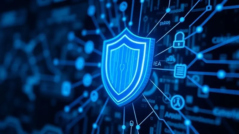 A photorealistic image of an abstract digital shield protecting a network of interconnected data points and icons representing patents, trademarks, and copyrights. The shield glows with a secure blue light, while the background shows a blurred, complex digital landscape. Cinematic lighting, sharp focus on the shield and protected elements, depth of field blurring the background, 8K hyper-detailed, professional photography, shot on a high-end DSLR, symbolizing strong intellectual property and data privacy protection.