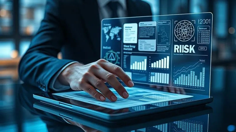 A photorealistic image of a futuristic legal professional interacting with a holographic interface displaying complex legal documents, charts, and risk assessments. The interface projects from a sleek tablet onto a glass desk. The scene is illuminated by soft, digital blue light, emphasizing innovation and efficiency. Cinematic lighting, sharp focus on the professional's hands and the holographic display, depth of field blurring the background, 8K hyper-detailed, professional photography, shot on a high-end DSLR, symbolizing the integration of AI in legal due diligence.