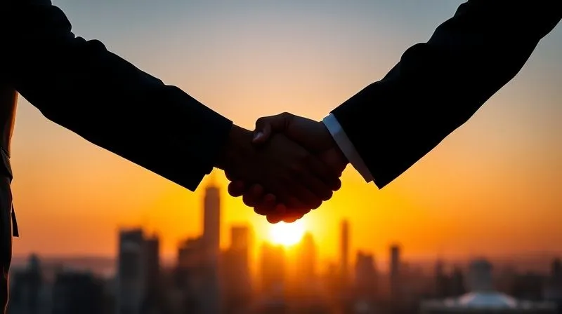 A photorealistic image of a firm handshake between two business professionals, silhouetted against a backdrop of a setting sun over a modern city skyline. The handshake is central and in sharp focus, symbolizing successful deal closure and trust, with the city lights beginning to twinkle. Cinematic lighting, soft golden hour hues, depth of field blurring the background, 8K hyper-detailed, professional photography, shot on a high-end DSLR, conveying a sense of accomplishment and secure future partnerships.