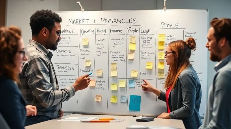 A photorealistic image of a diverse team of small business owners and managers collaboratively mapping out risks on a large whiteboard, using sticky notes and connecting lines. The whiteboard has sections for 'Market', 'Operations', 'Finance', 'People', 'Legal'. Cinematic lighting, sharp focus on the team's faces and the board, depth of field subtly blurring the background, 8K hyper-detailed, professional photography, shot on a high-end DSLR, conveying intense focus and problem-solving.