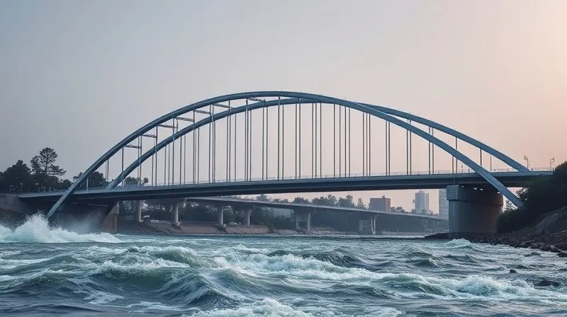 A photorealistic image of a strong, modern bridge arching over a turbulent river, with small business logos subtly integrated into the bridge's structure. The bridge represents a robust risk mitigation strategy, connecting safe ground to the opportunities on the other side. Cinematic lighting, sharp focus on the bridge, depth of field blurring the turbulent water, 8K hyper-detailed, professional photography, shot on a high-end DSLR, conveying strength and foresight.