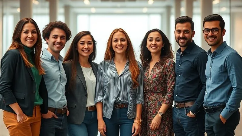 A photorealistic image of a diverse group of small business employees, from various departments, standing together confidently, looking towards a slightly blurred but promising horizon. They are smiling and appear ready for challenges. Cinematic lighting, sharp focus on the team, depth of field blurring the background, 8K hyper-detailed, professional photography, shot on a high-end DSLR, conveying unity, readiness, and resilience.